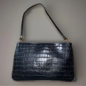 Anne Klein Black Croc-Embossed Shoulder Bag with Gold Hardware